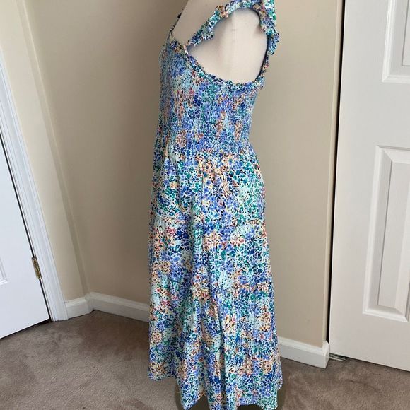 J. Crew Floral Smocked Tiered Midi Dress Ruffle Lined Size Medium - Picture 4 of 13